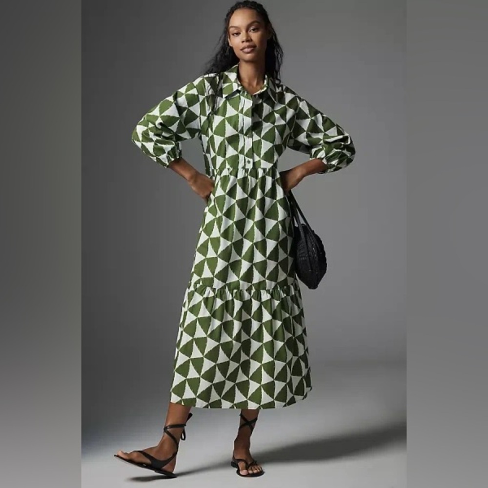 Anthropologie Maeve Bettina Green and White Geometric Midi Dress